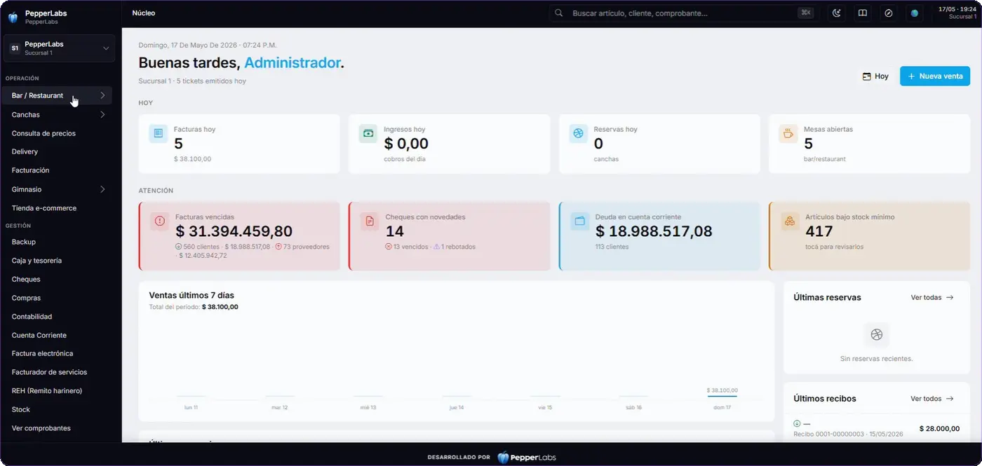 Dashboard del Núcleo · facturas, ingresos, reservas, deuda, cheques y stock crítico del día